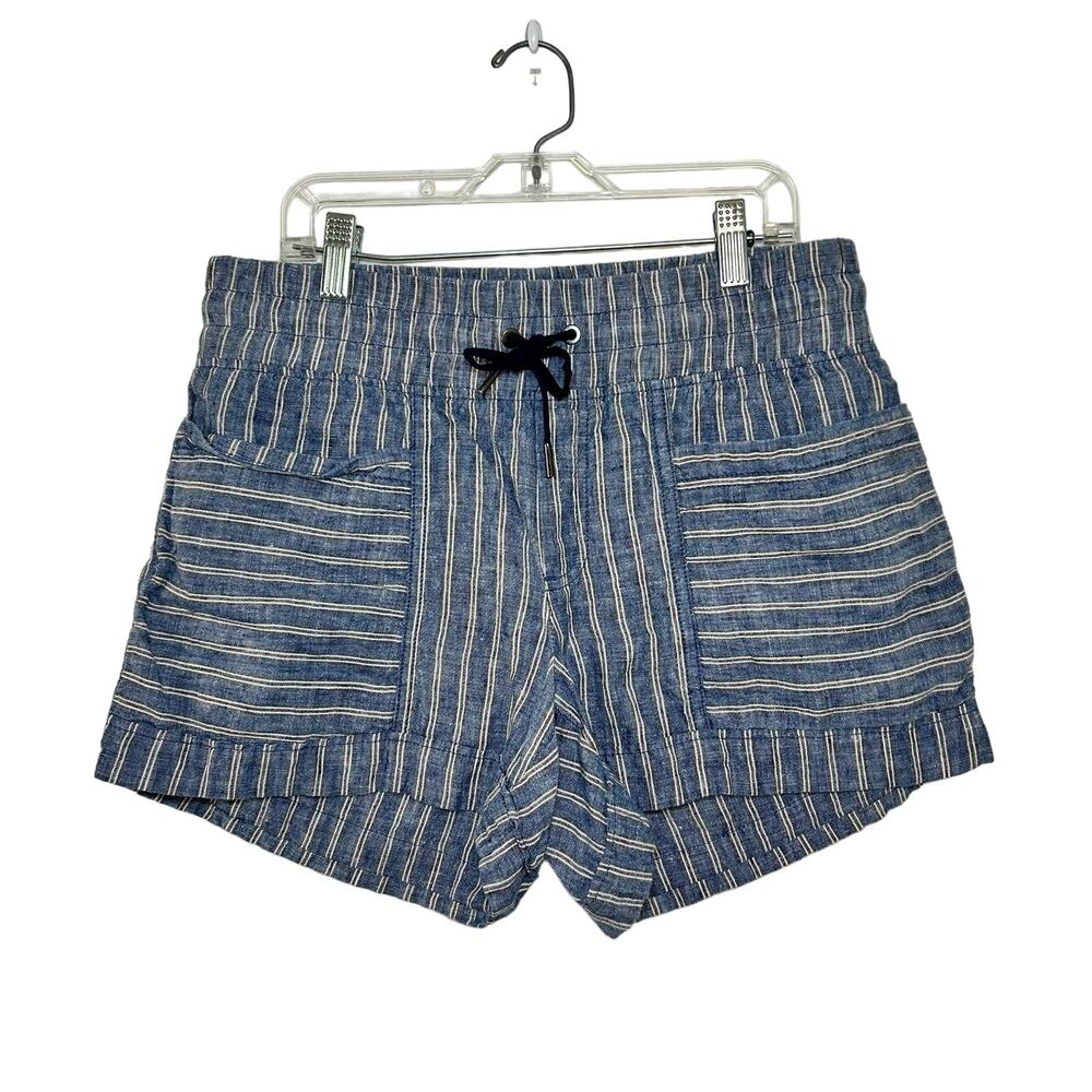 Athleta Cabo Linen Shorts Pull on Blue White Striped Drawstring Lightweight 4